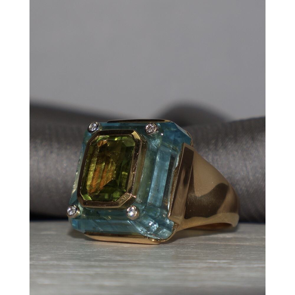 Cava 18k Yellow Gold Peridot,blue Topaz & Diamond Ring By Kara Ross 19.4G / Sz 7